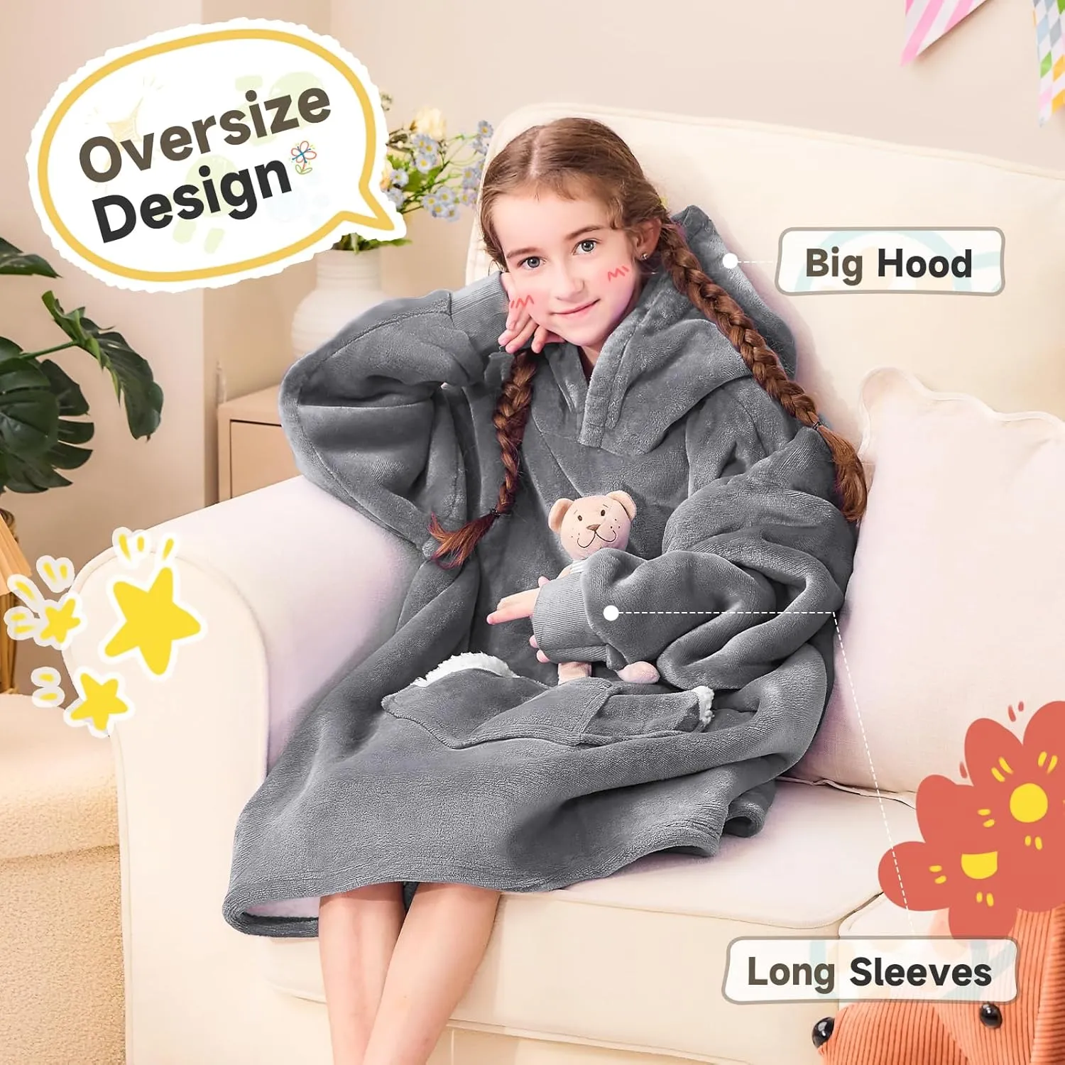 Wearable Blanket Hoodie for Kids, Blanket Hoodie For Kids With Hood And Pocket, Sherpa Oversized Cozy Sweatshirt Blankets As Gifts For Girls Boys Kids (Grey)