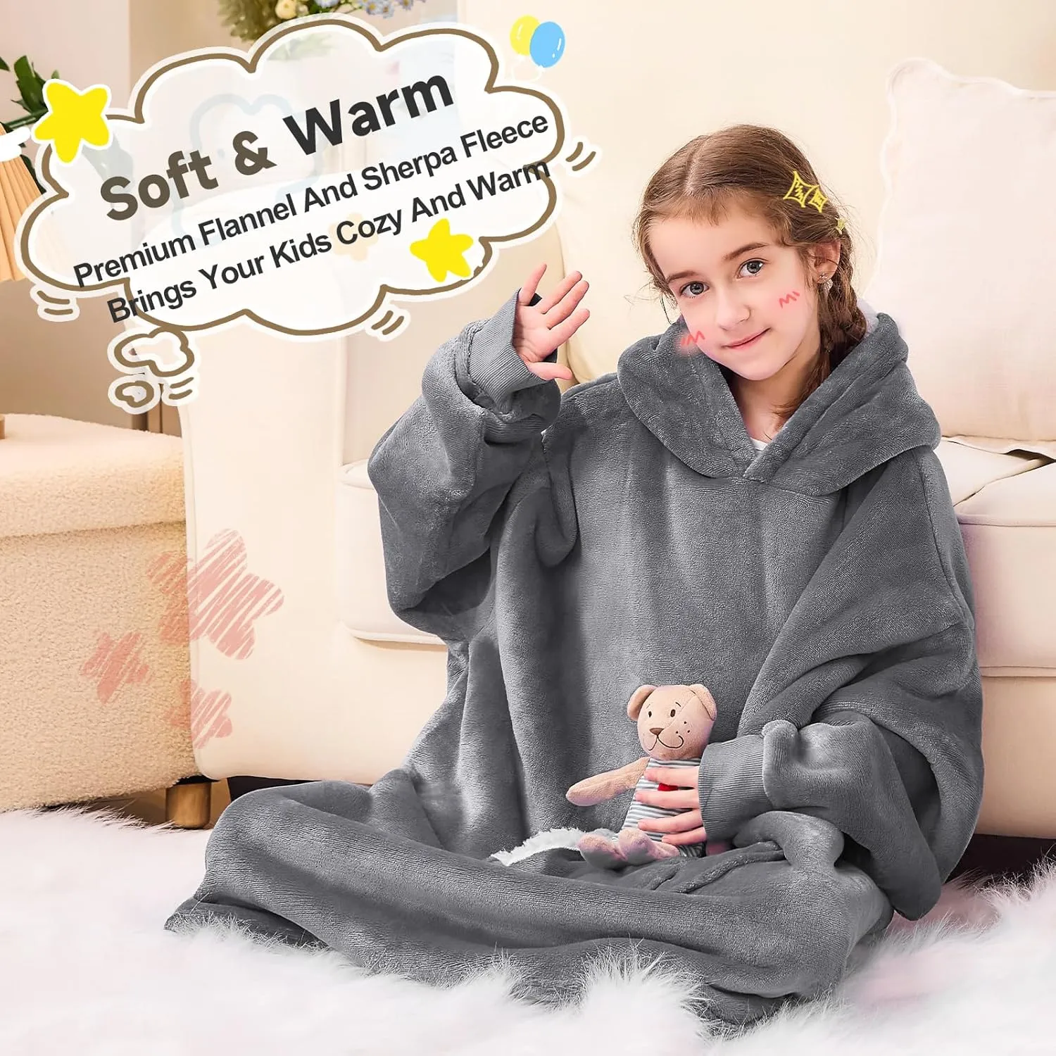 Wearable Blanket Hoodie for Kids, Blanket Hoodie For Kids With Hood And Pocket, Sherpa Oversized Cozy Sweatshirt Blankets As Gifts For Girls Boys Kids (Grey)