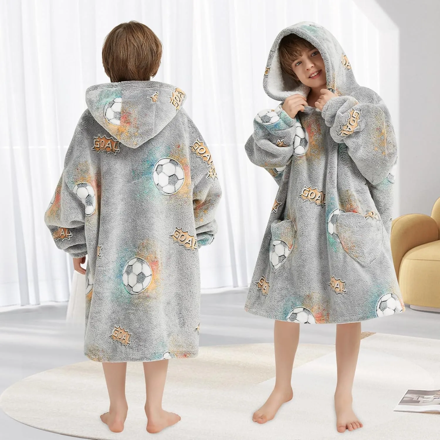 Wearable Blanket Hoodie for Kids Oversized Sherpa Blanket Hoodie for Kids Boys Girls Teens 6-13YR,Glow in The Dark Football