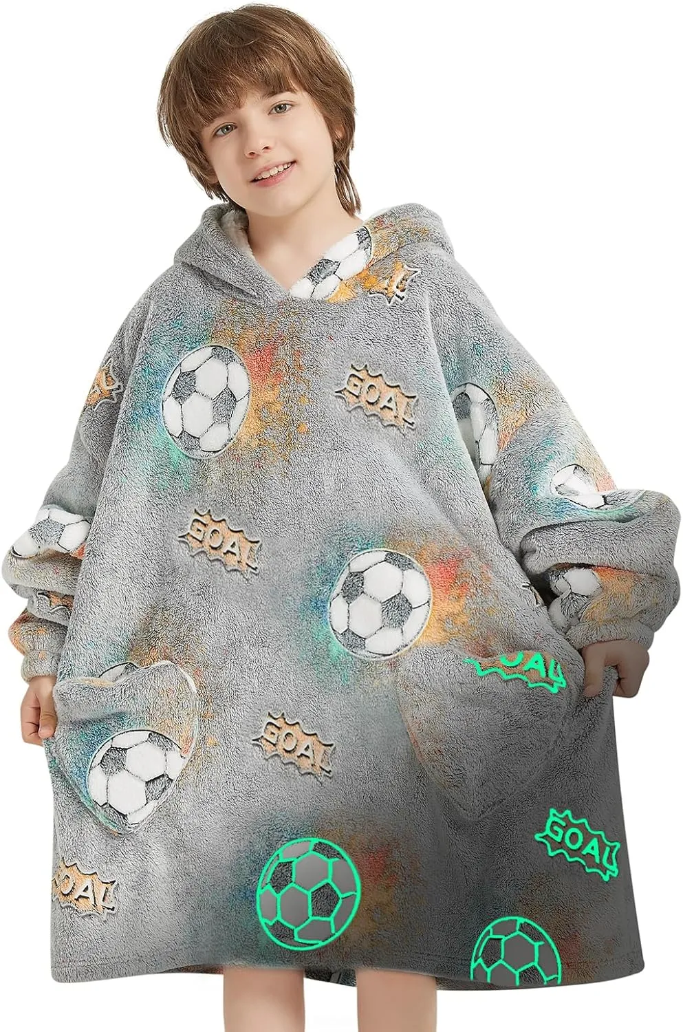 Wearable Blanket Hoodie for Kids Oversized Sherpa Blanket Hoodie for Kids Boys Girls Teens 6-13YR,Glow in The Dark Football