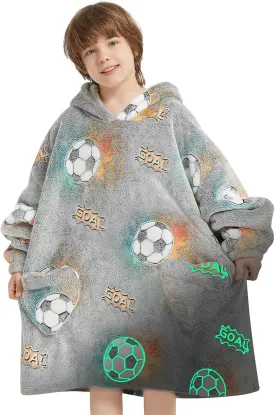 Wearable Blanket Hoodie for Kids Oversized Sherpa Blanket Hoodie for Kids Boys Girls Teens 6-13YR,Glow in The Dark Football