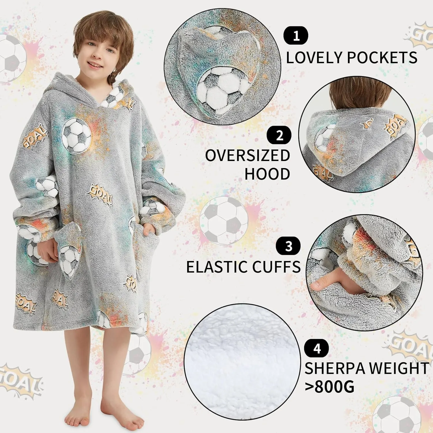 Wearable Blanket Hoodie for Kids Oversized Sherpa Blanket Hoodie for Kids Boys Girls Teens 6-13YR,Glow in The Dark Football