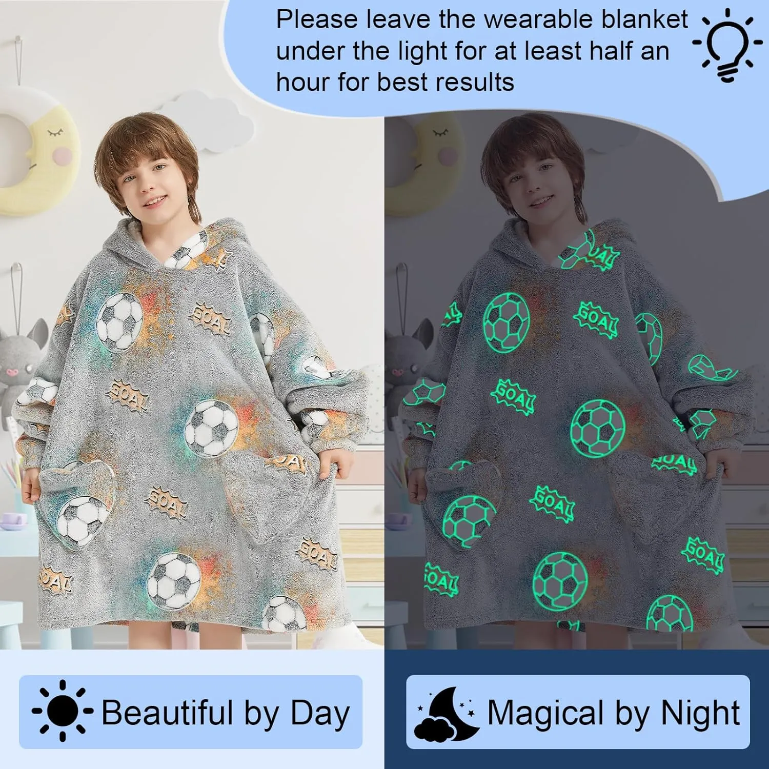 Wearable Blanket Hoodie for Kids Oversized Sherpa Blanket Hoodie for Kids Boys Girls Teens 6-13YR,Glow in The Dark Football