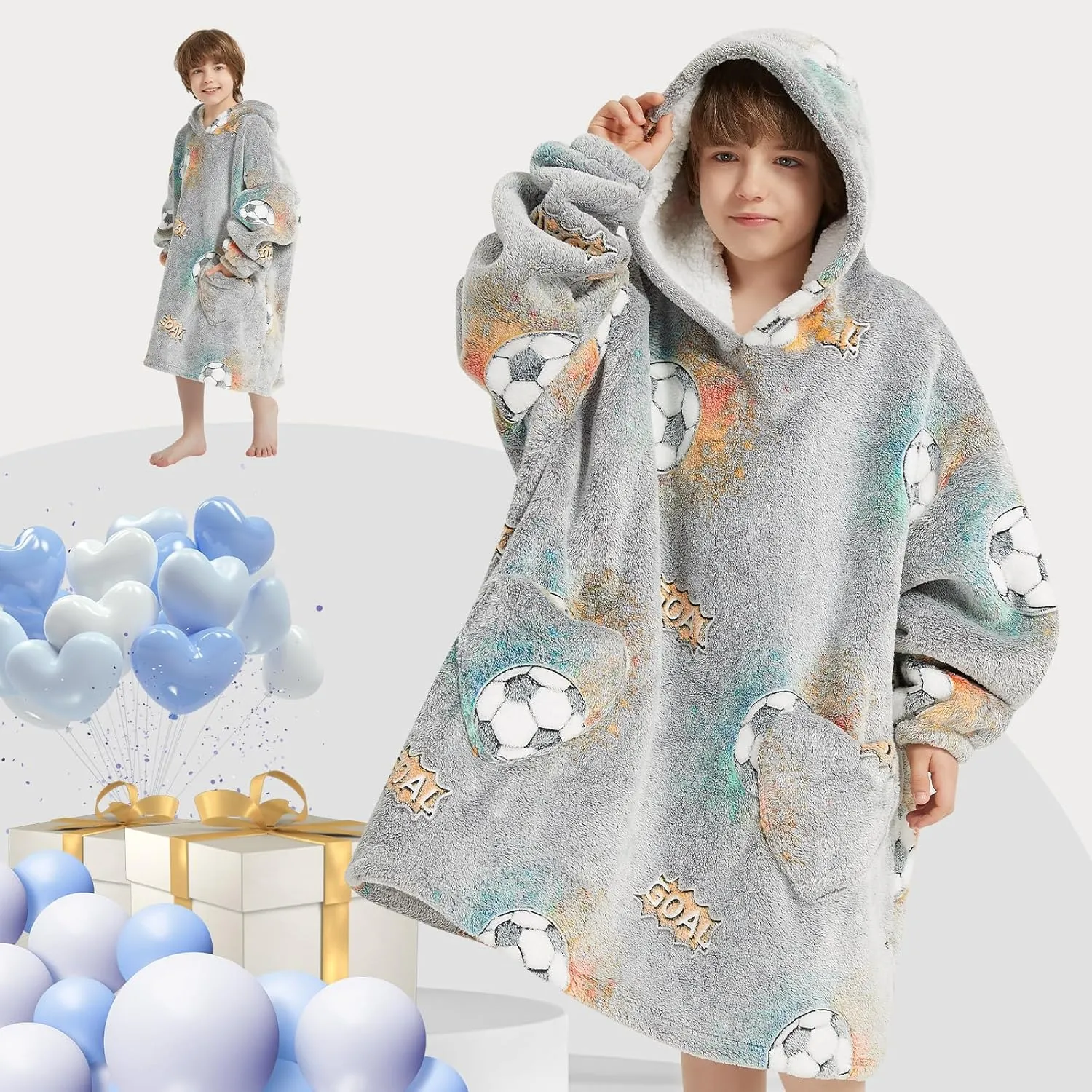 Wearable Blanket Hoodie for Kids Oversized Sherpa Blanket Hoodie for Kids Boys Girls Teens 6-13YR,Glow in The Dark Football