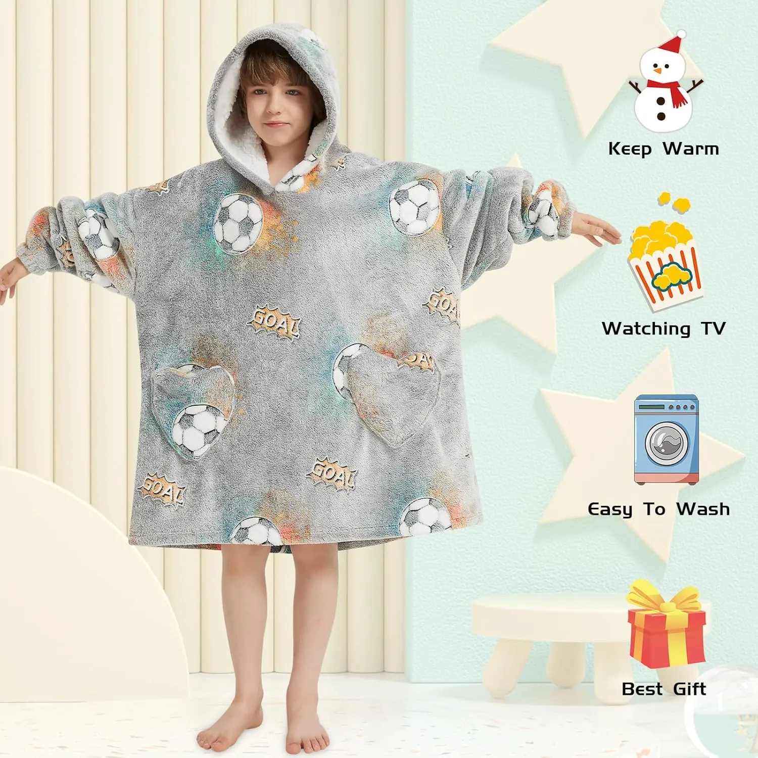 Wearable Blanket Hoodie for Kids Oversized Sherpa Blanket Hoodie for Kids Boys Girls Teens 6-13YR,Glow in The Dark Football