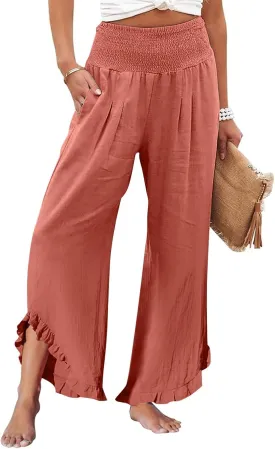 Wide Leg Linen Pants Women Flowy Smocked High Waisted Palazzo Pants Trousers Lounge Beach Pants with Pockets