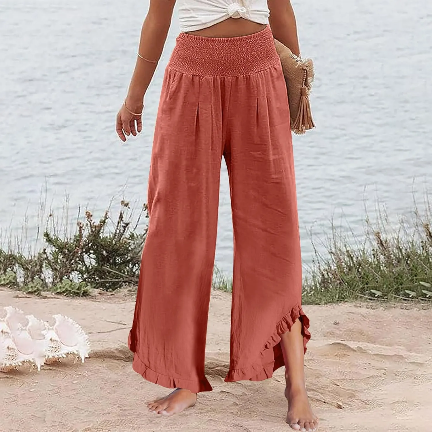 Wide Leg Linen Pants Women Flowy Smocked High Waisted Palazzo Pants Trousers Lounge Beach Pants with Pockets