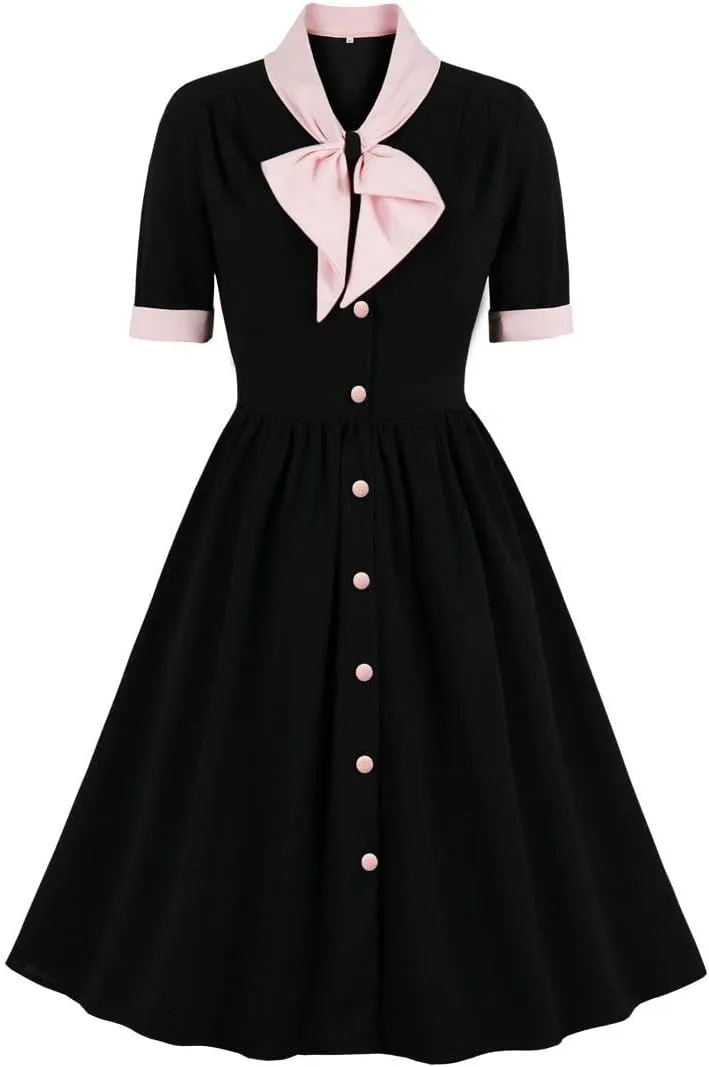 Women Short Sleeve Tie Neck Vintage Cocktail Party Dress Buttons Down 50s Flared A-Line Casual Office Work Prom Swing Dress
