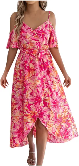 Women's Boho Floral Print Cold Shoulder Dress Short Sleeve Slit Front Belted A Line Beach Vacation Midi Dresses