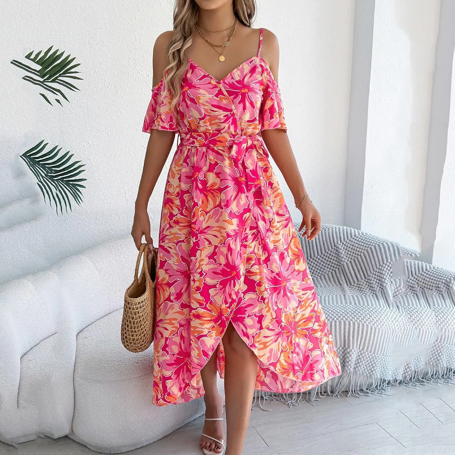 Women's Boho Floral Print Cold Shoulder Dress Short Sleeve Slit Front Belted A Line Beach Vacation Midi Dresses