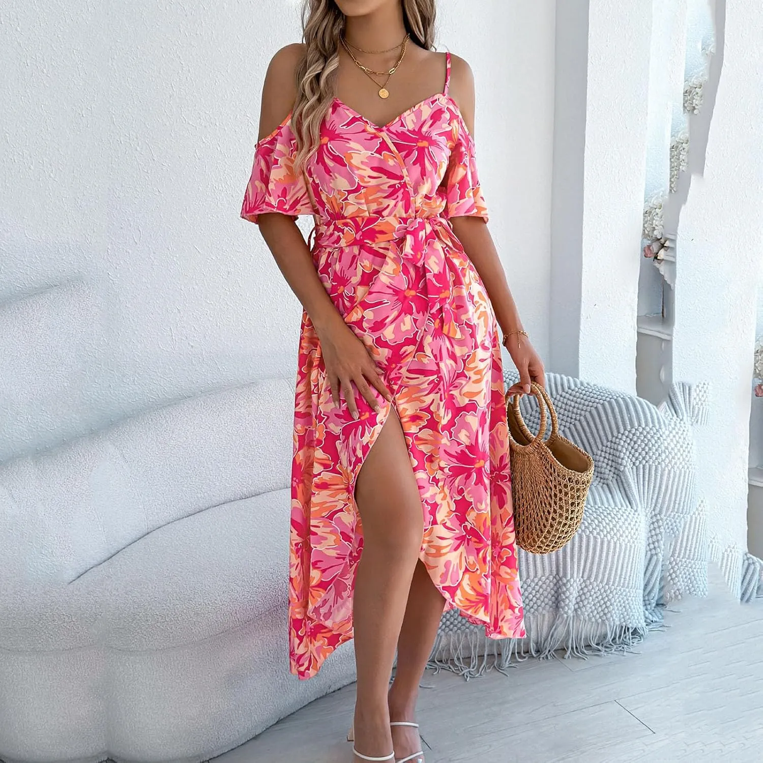 Women's Boho Floral Print Cold Shoulder Dress Short Sleeve Slit Front Belted A Line Beach Vacation Midi Dresses