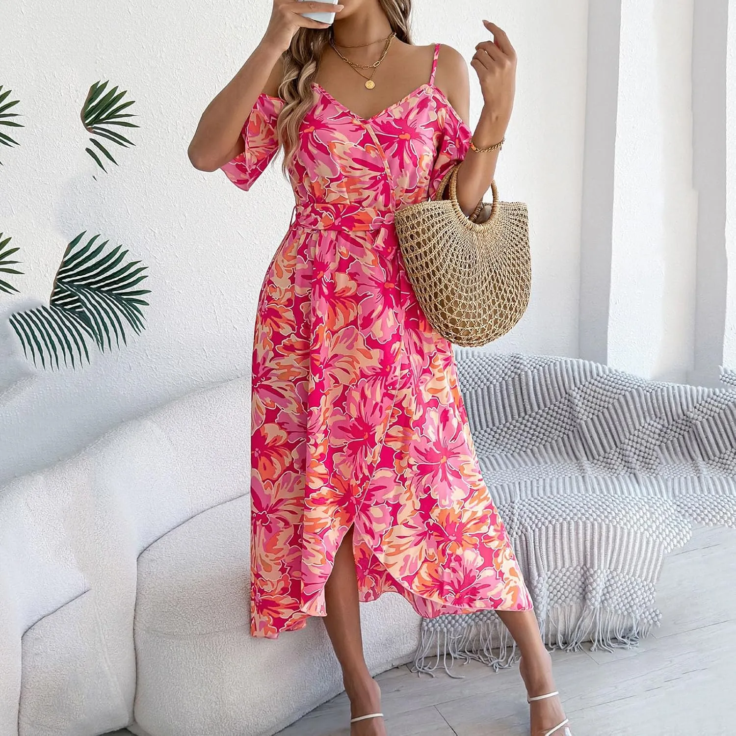 Women's Boho Floral Print Cold Shoulder Dress Short Sleeve Slit Front Belted A Line Beach Vacation Midi Dresses