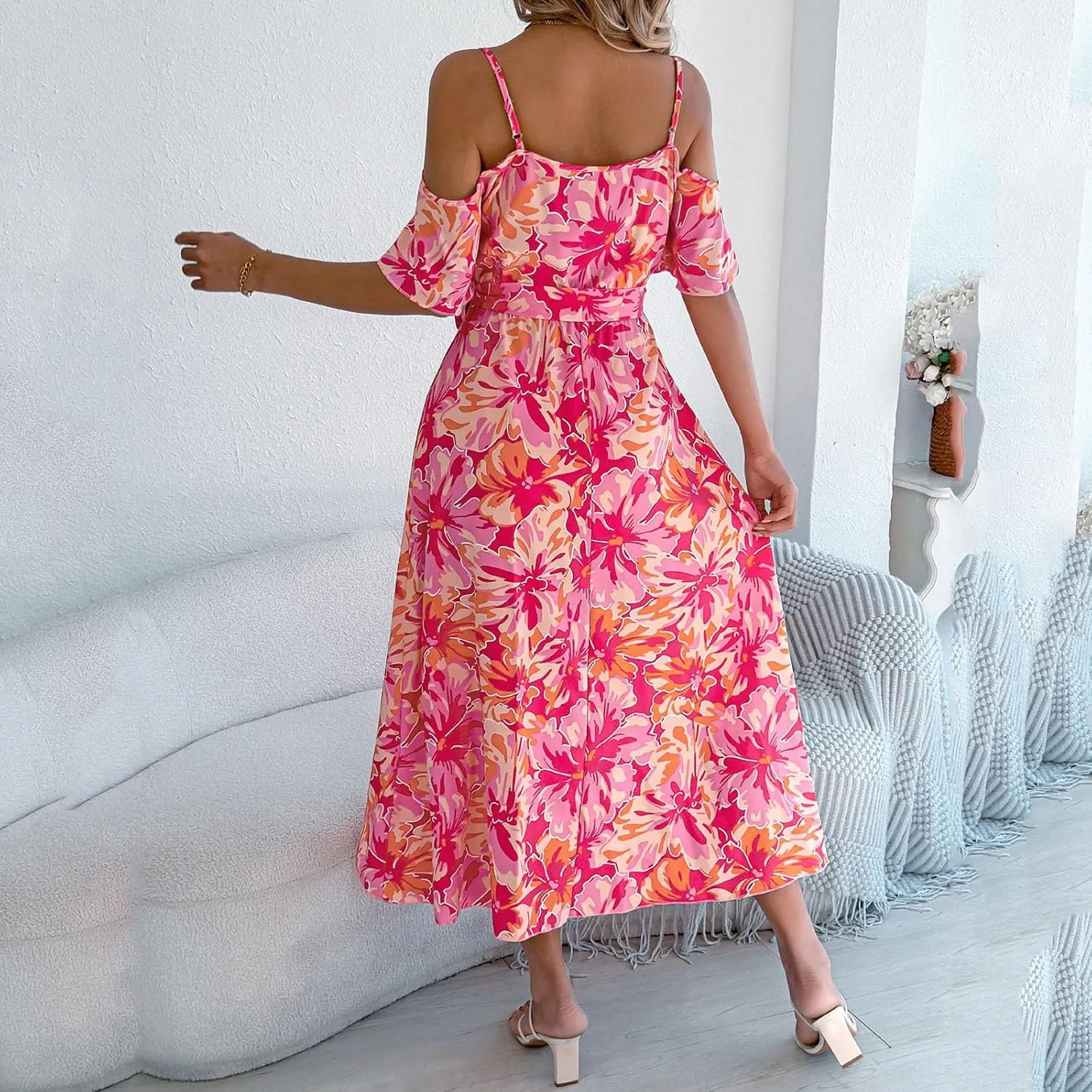 Women's Boho Floral Print Cold Shoulder Dress Short Sleeve Slit Front Belted A Line Beach Vacation Midi Dresses