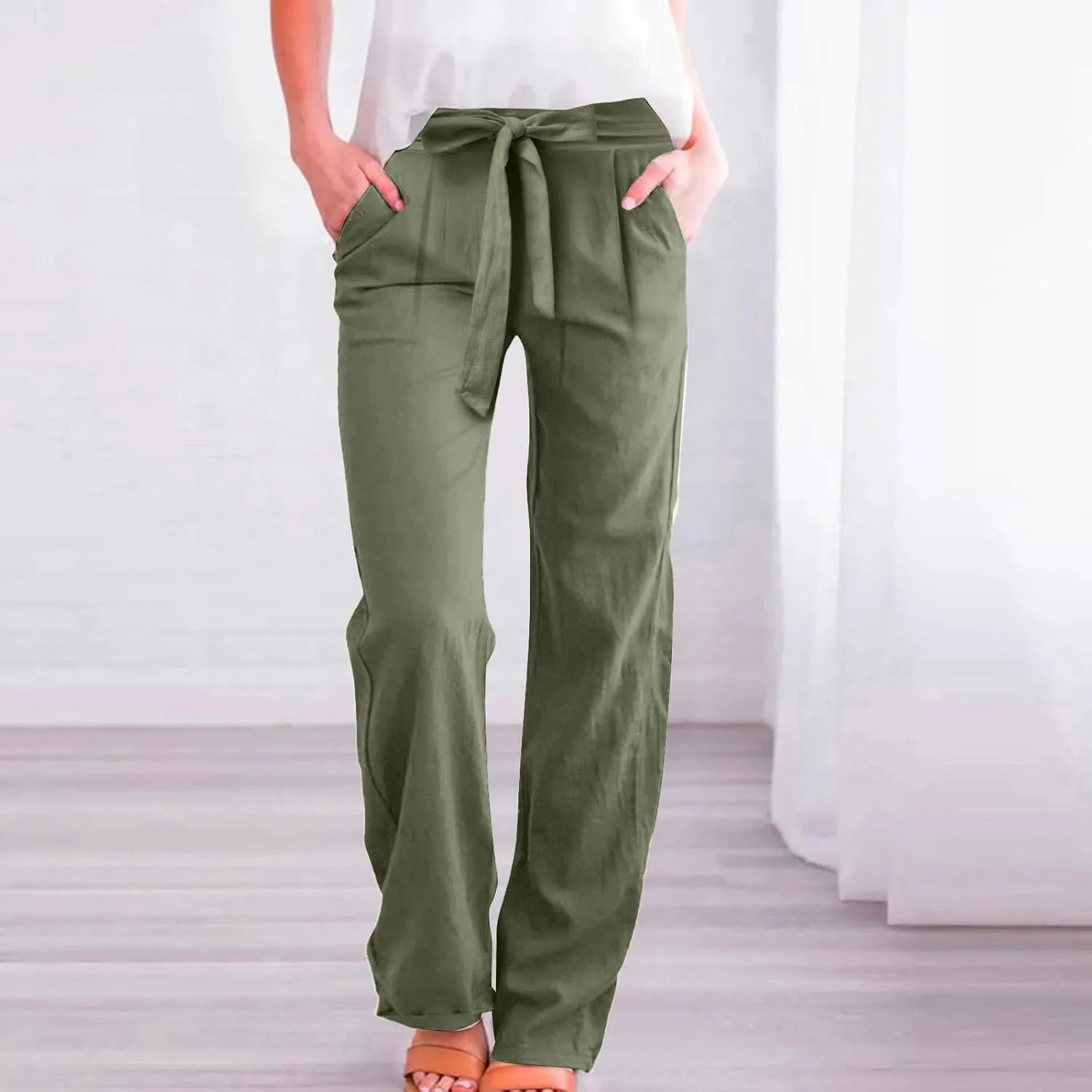 Womens Casual Cotton Linen Pants Drawstring High Waisted Pants Loose Fit Lounge Long Trousers with Pockets