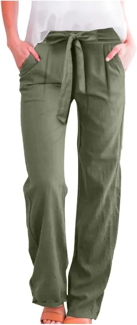 Womens Casual Cotton Linen Pants Drawstring High Waisted Pants Loose Fit Lounge Long Trousers with Pockets