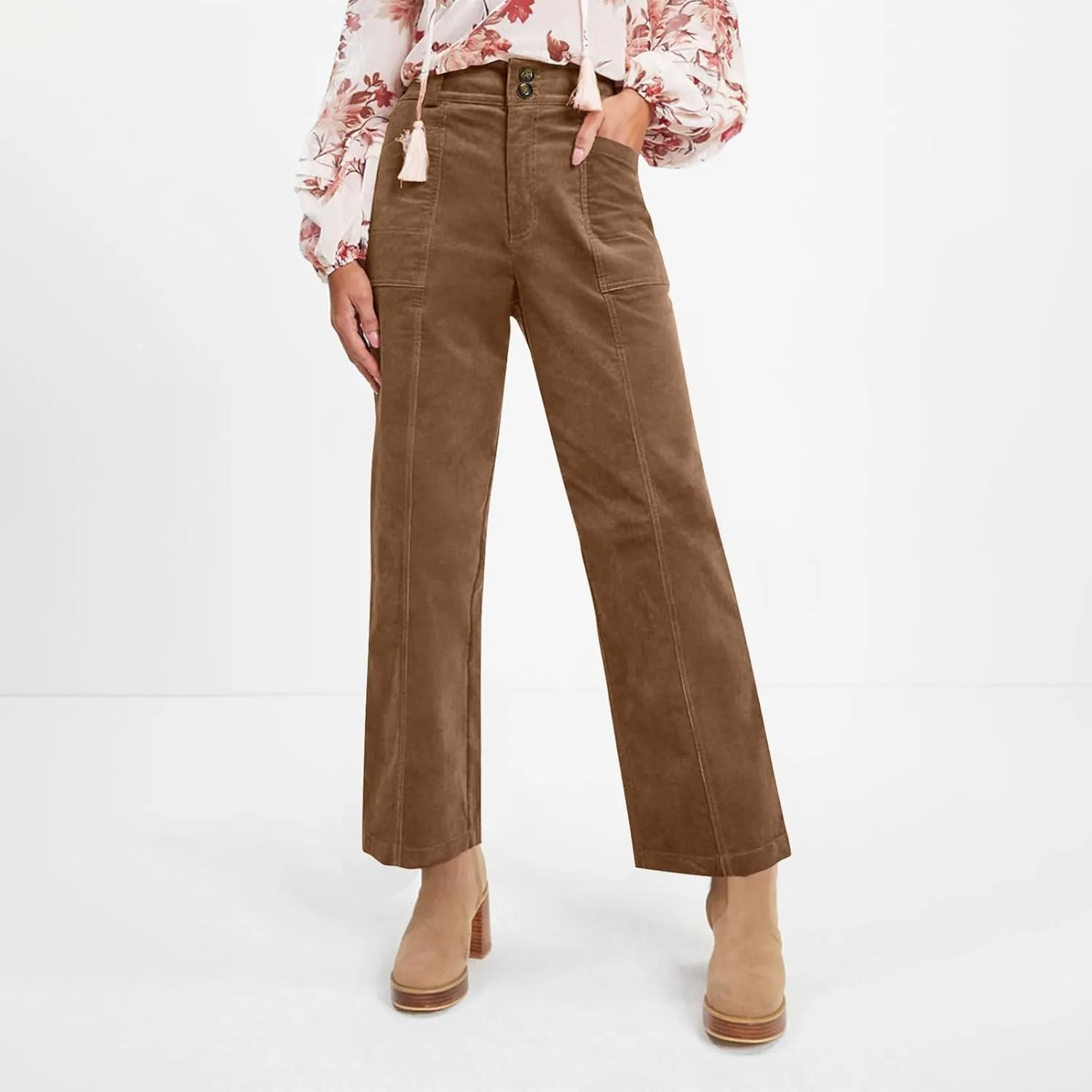 Womens Corduroy Pants Trendy Straight Leg High Waisted Work Pants Trousers Ladies Elastic Waist Pants with Pockets