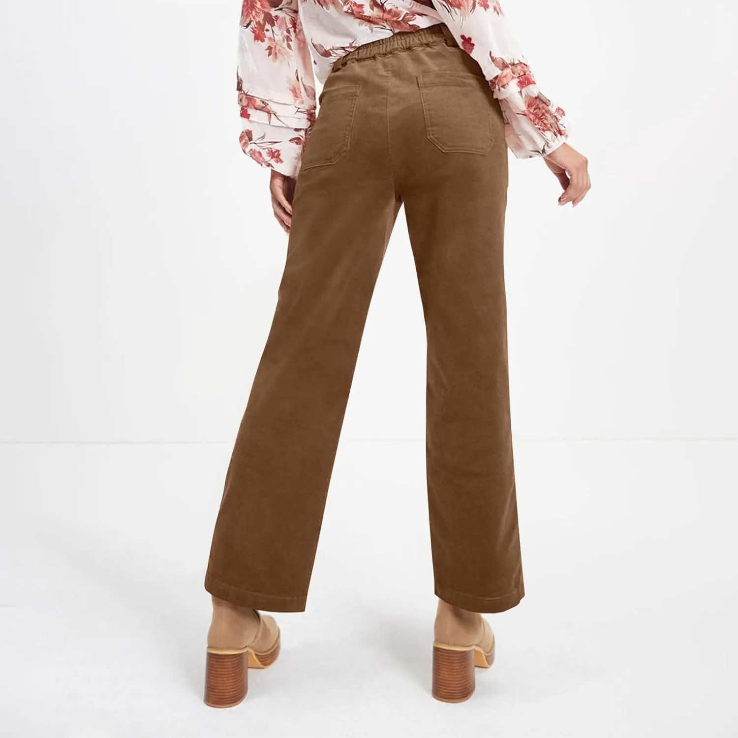 Womens Corduroy Pants Trendy Straight Leg High Waisted Work Pants Trousers Ladies Elastic Waist Pants with Pockets