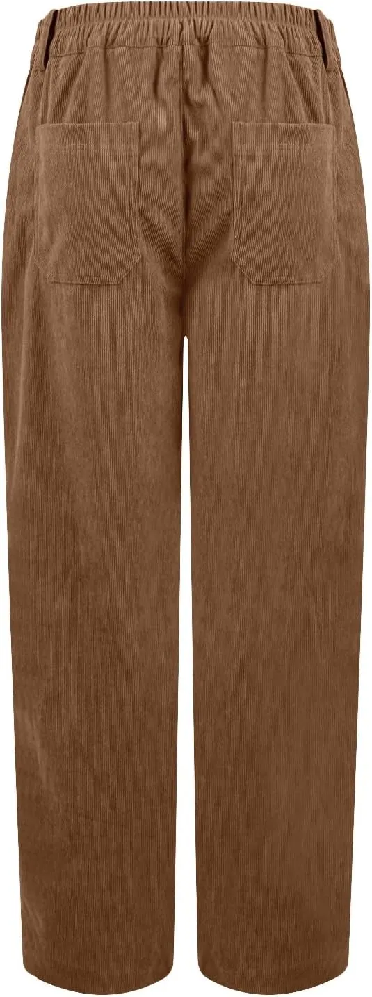 Womens Corduroy Pants Trendy Straight Leg High Waisted Work Pants Trousers Ladies Elastic Waist Pants with Pockets