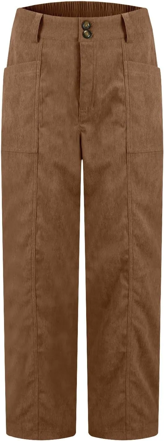 Womens Corduroy Pants Trendy Straight Leg High Waisted Work Pants Trousers Ladies Elastic Waist Pants with Pockets