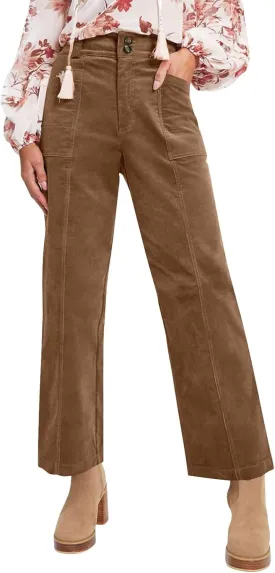 Womens Corduroy Pants Trendy Straight Leg High Waisted Work Pants Trousers Ladies Elastic Waist Pants with Pockets