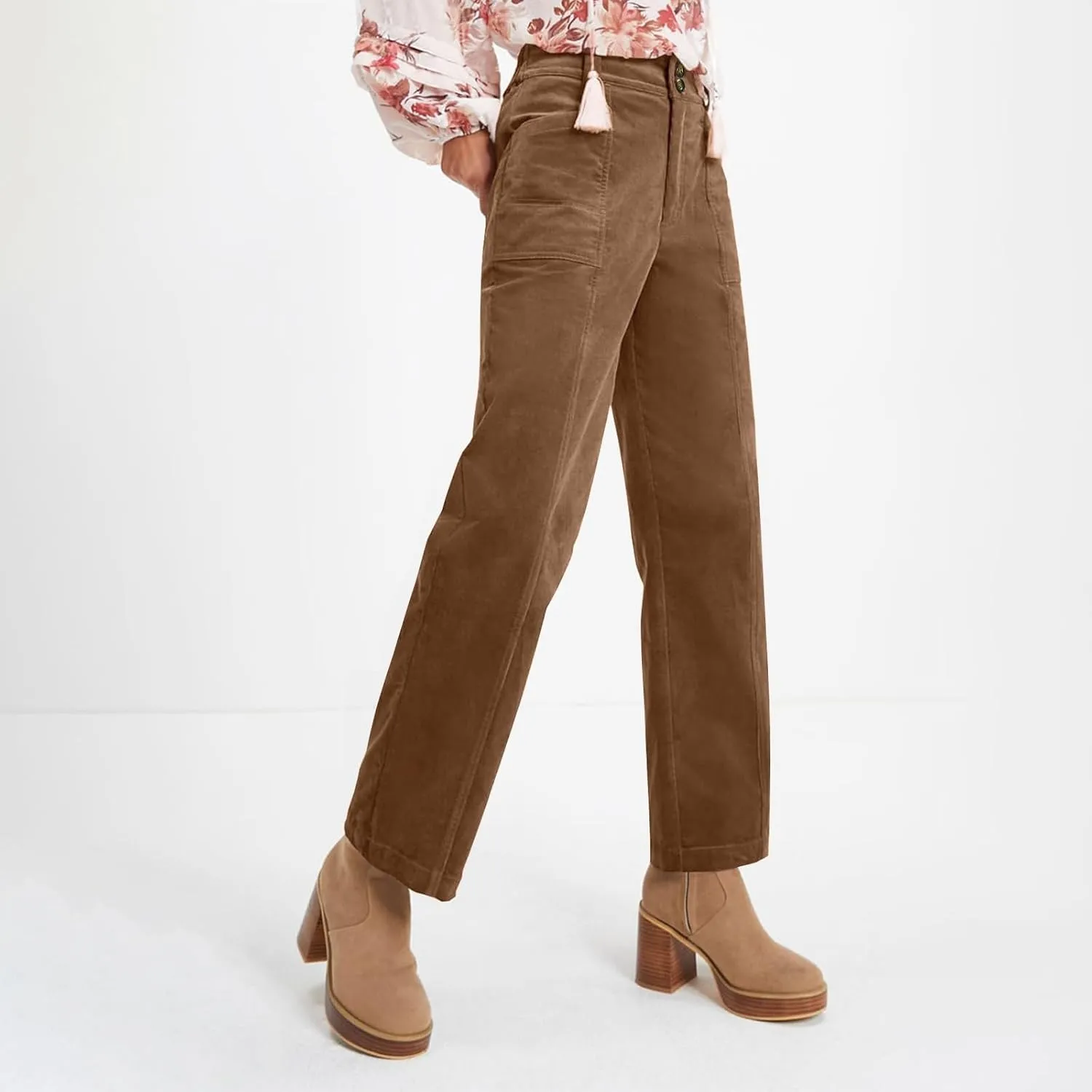 Womens Corduroy Pants Trendy Straight Leg High Waisted Work Pants Trousers Ladies Elastic Waist Pants with Pockets