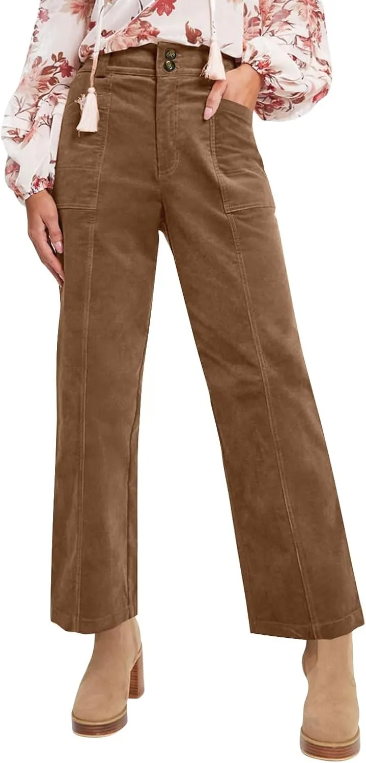 Womens Corduroy Pants Trendy Straight Leg High Waisted Work Pants Trousers Ladies Elastic Waist Pants with Pockets