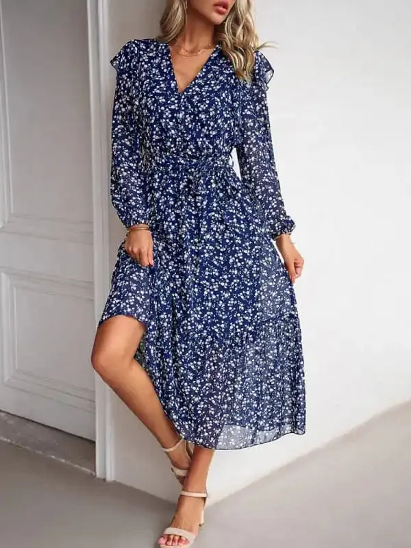 Women’s Fashion Casual Floral V-neck Long Sleeve Dress