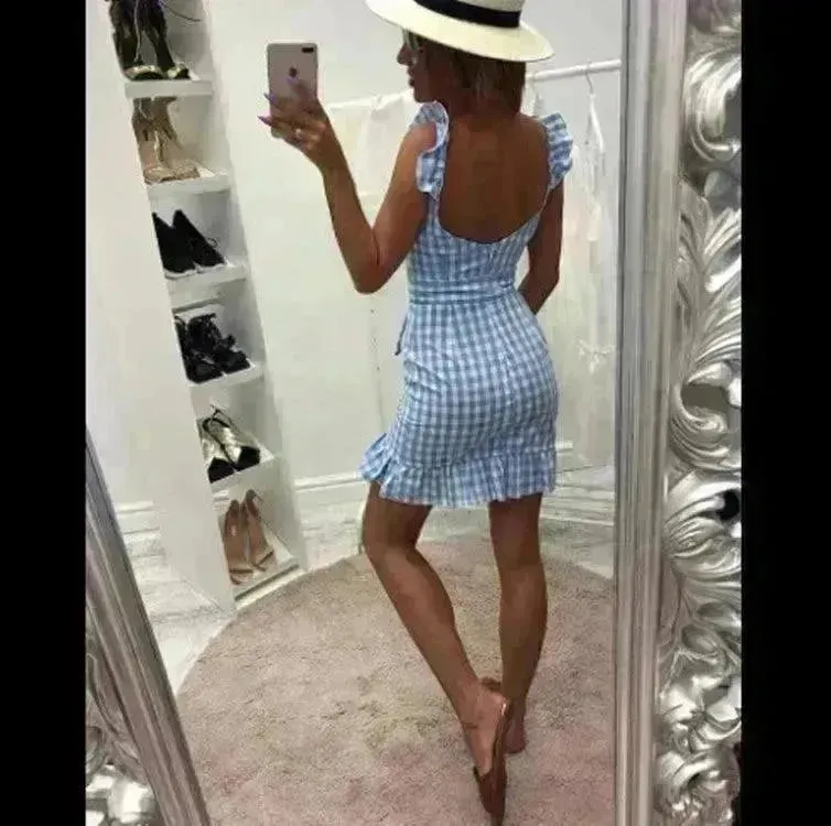 Women's Fashion Personality Summer Sleeveless Plaid Drawstring Casual Mini Dress