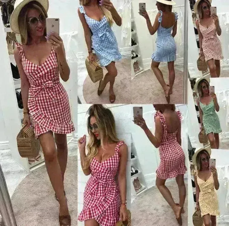 Women's Fashion Personality Summer Sleeveless Plaid Drawstring Casual Mini Dress