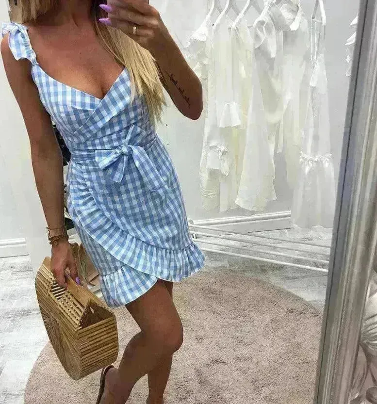 Women's Fashion Personality Summer Sleeveless Plaid Drawstring Casual Mini Dress