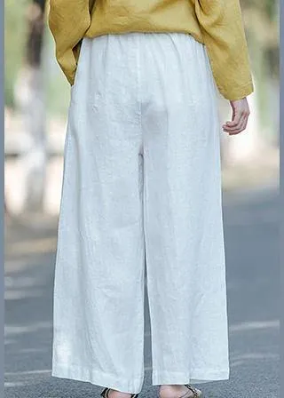 Women's literature white loose straight elastic waist lace up wide leg pants