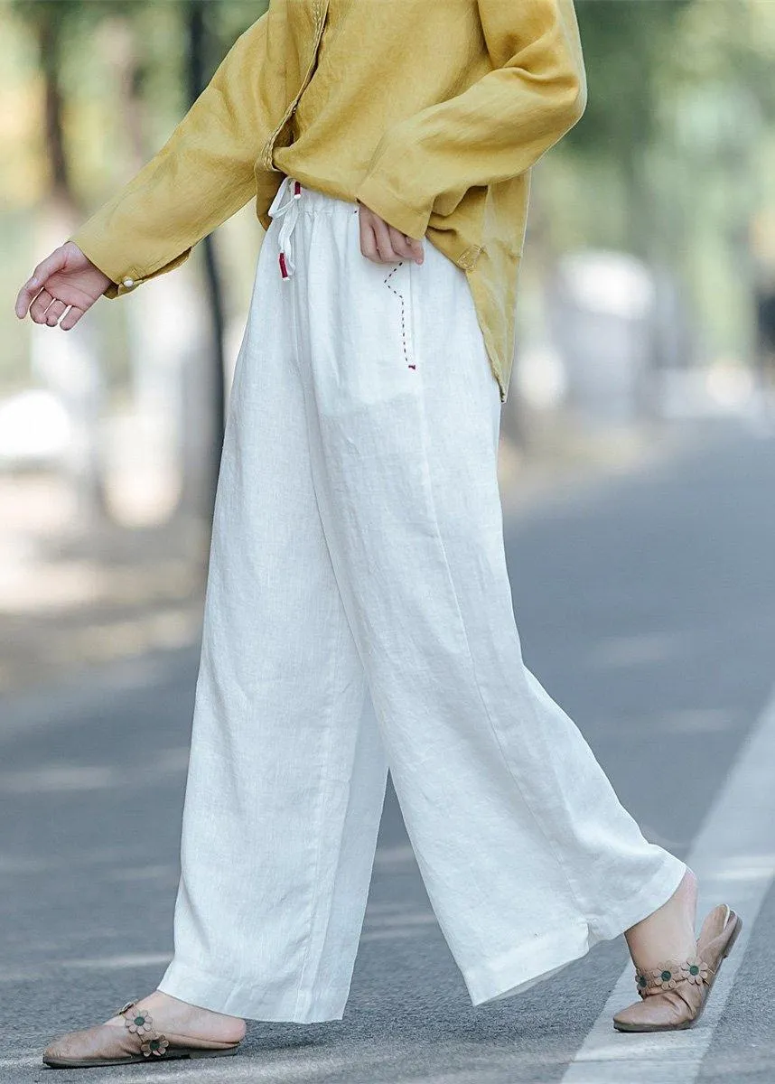 Women's literature white loose straight elastic waist lace up wide leg pants