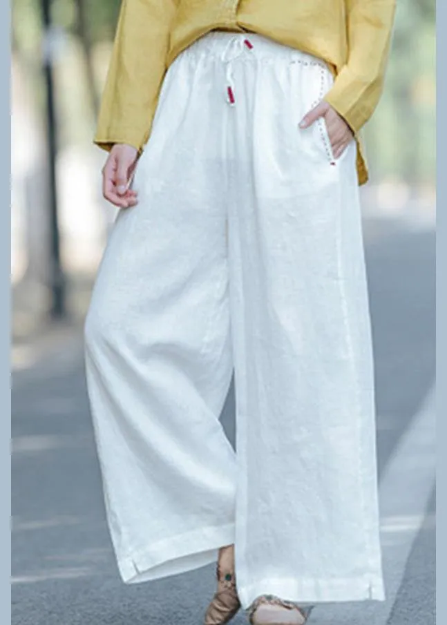 Women's literature white loose straight elastic waist lace up wide leg pants