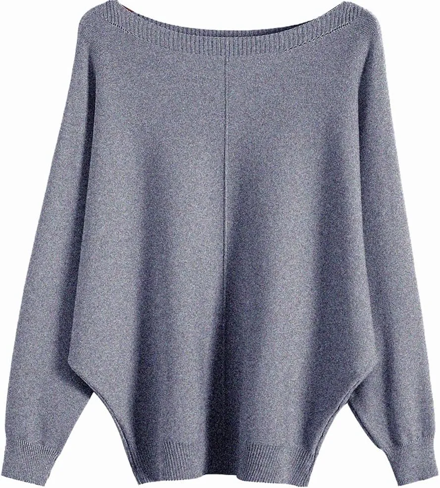 Womens Oversized Lightweight Boat Neck Dolman Batwing Sweater Fall Winter Casual Slouchy Knitted Pullovers
