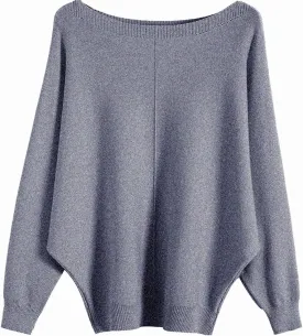 Womens Oversized Lightweight Boat Neck Dolman Batwing Sweater Fall Winter Casual Slouchy Knitted Pullovers