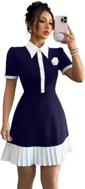 Women's Summer Mini Dress Half-Zip Colorblock Mini Dress