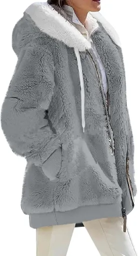 Women's Winter Coats Fuzzy Fleece Jacket Hooded Color Block Patchwork Cardigan Coat Outerwear With Pockets