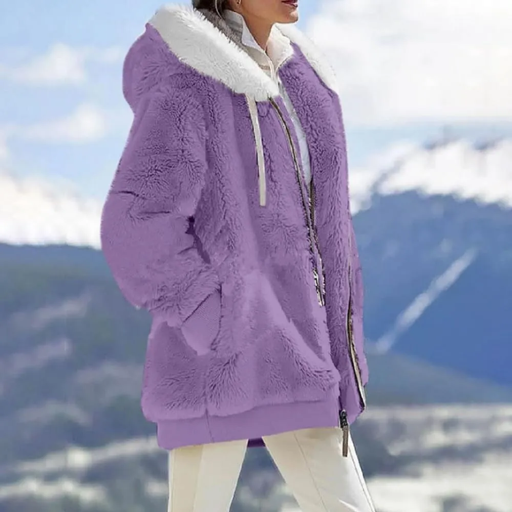 Women's Winter Coats Fuzzy Fleece Jacket Hooded Color Block Patchwork Cardigan Coat Outerwear With Pockets