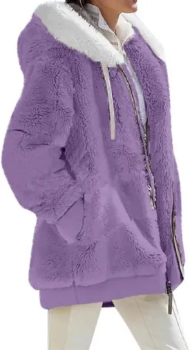 Women's Winter Coats Fuzzy Fleece Jacket Hooded Color Block Patchwork Cardigan Coat Outerwear With Pockets