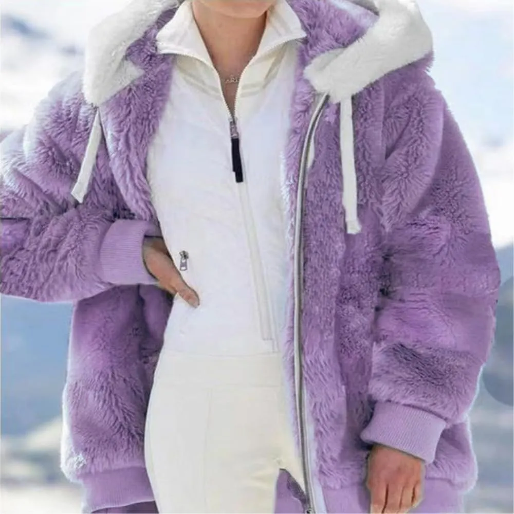 Women's Winter Coats Fuzzy Fleece Jacket Hooded Color Block Patchwork Cardigan Coat Outerwear With Pockets