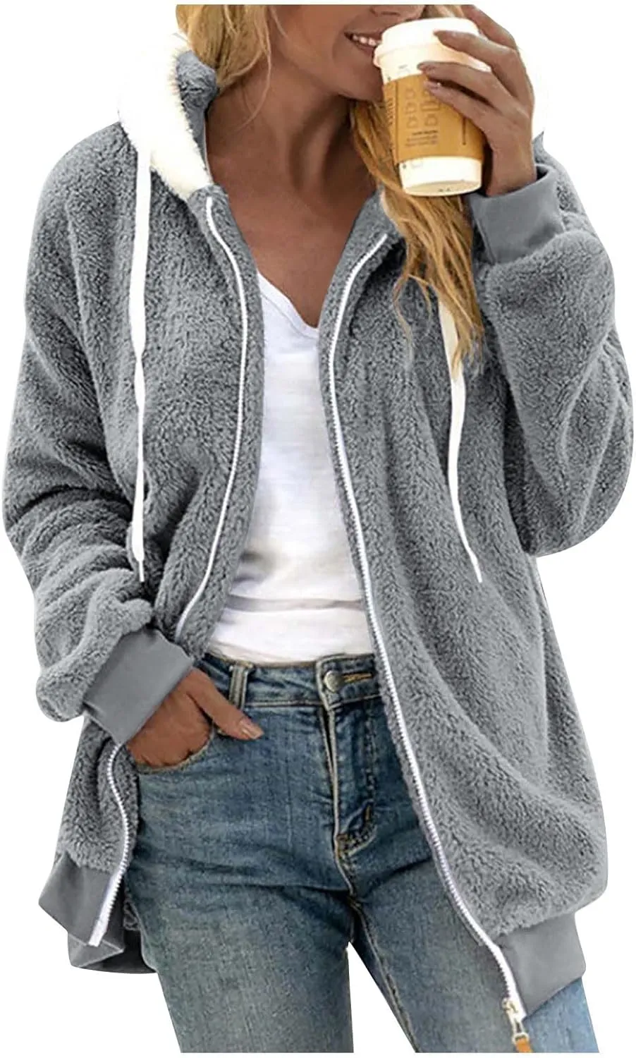 Women's Winter Coats Fuzzy Fleece Jacket Hooded Color Block Patchwork Cardigan Coat Outerwear With Pockets