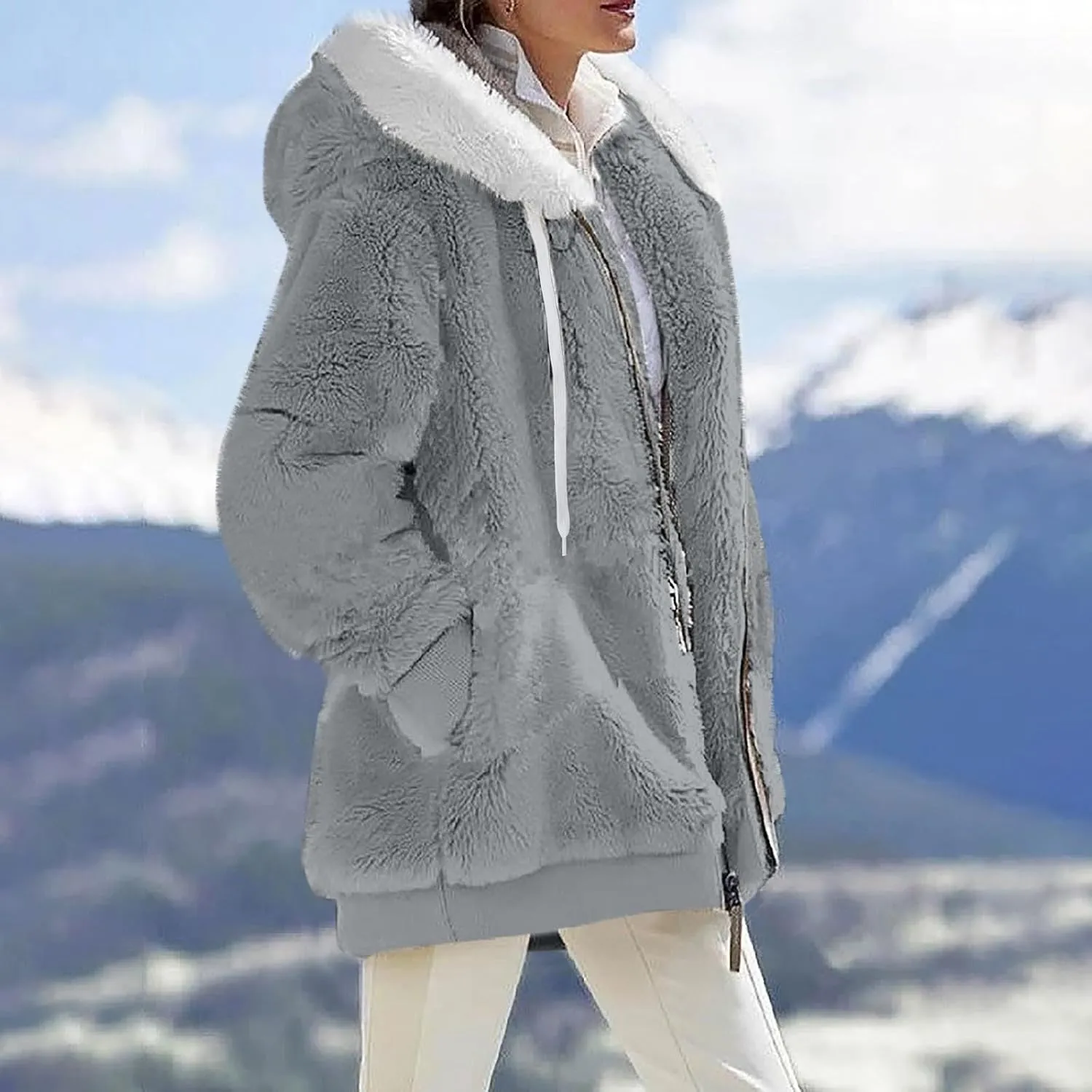 Women's Winter Coats Fuzzy Fleece Jacket Hooded Color Block Patchwork Cardigan Coat Outerwear With Pockets
