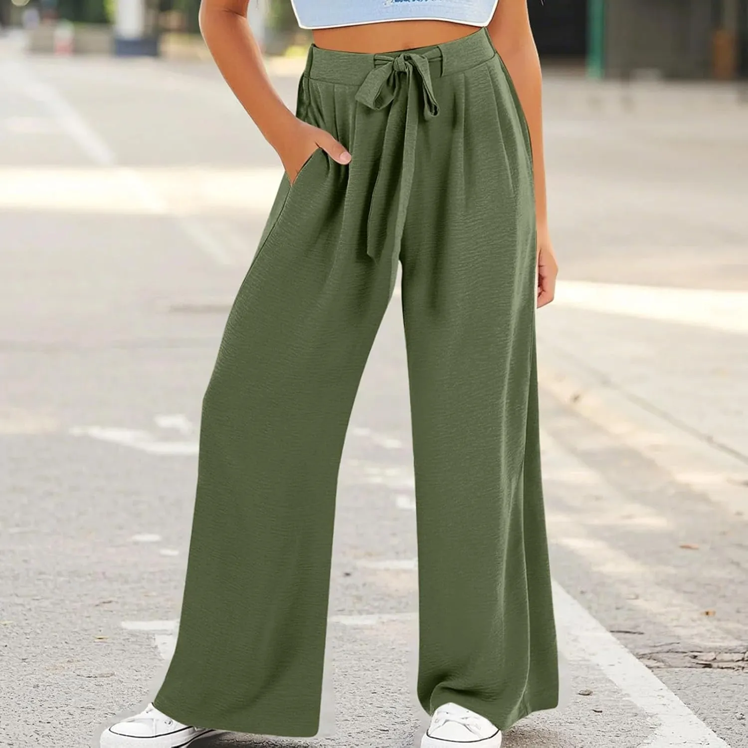 Youth Girls Palazzo Cotton Linen Long Pants Baggy Wide Leg High Waist Drawstring Long Trousers 2025 Summer Bottoms