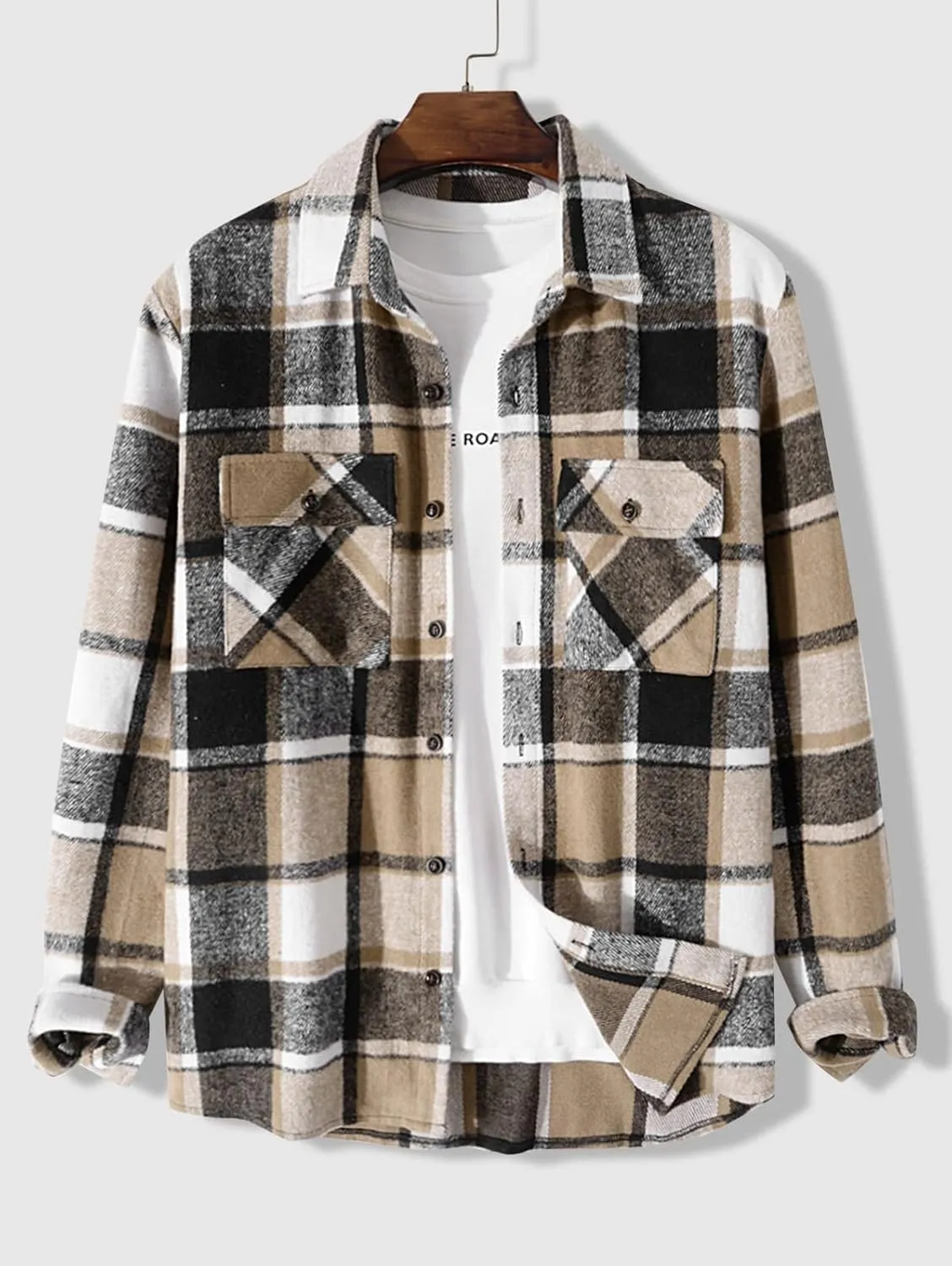 ZAFUL Men's Unisex Plaid Shirt Casual Flannel Jacket Button Down Long Sleeve Pocket Shirt Tops Coat Outwear