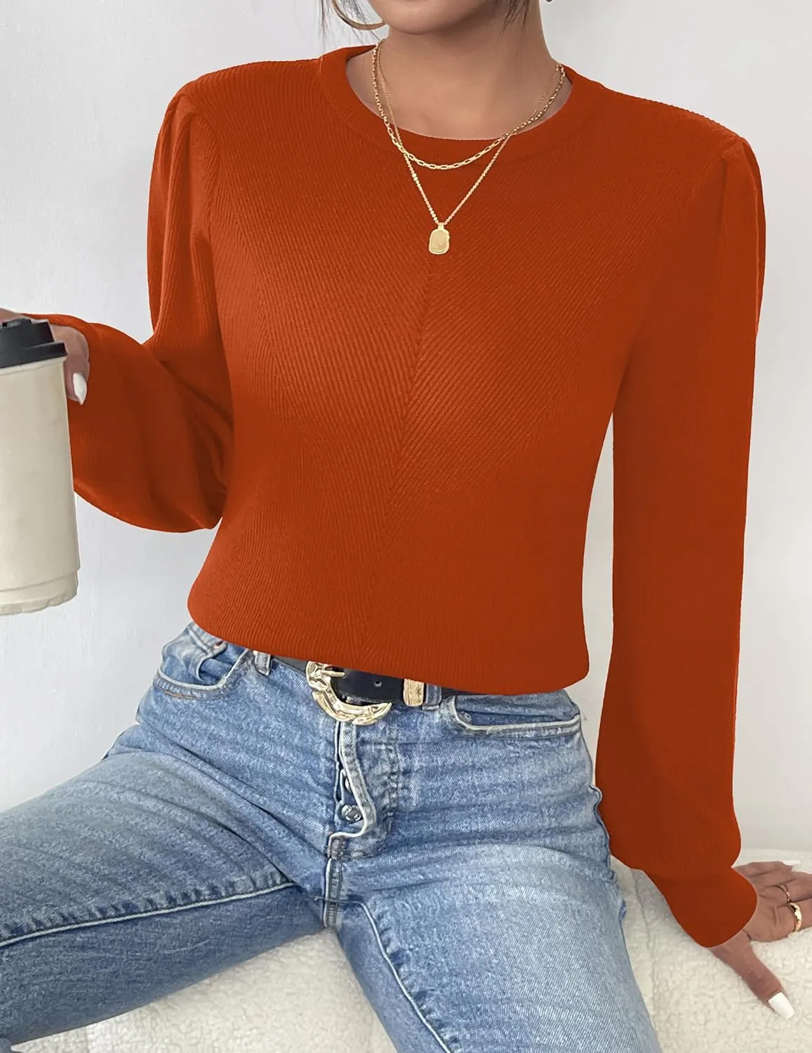 Zeagoo Womens Sweaters Fall 2024 Fashion Trendy Long Sleeve Sweaters Ribbed Knit Winter Outfits Puff Pullover Jumper Tops